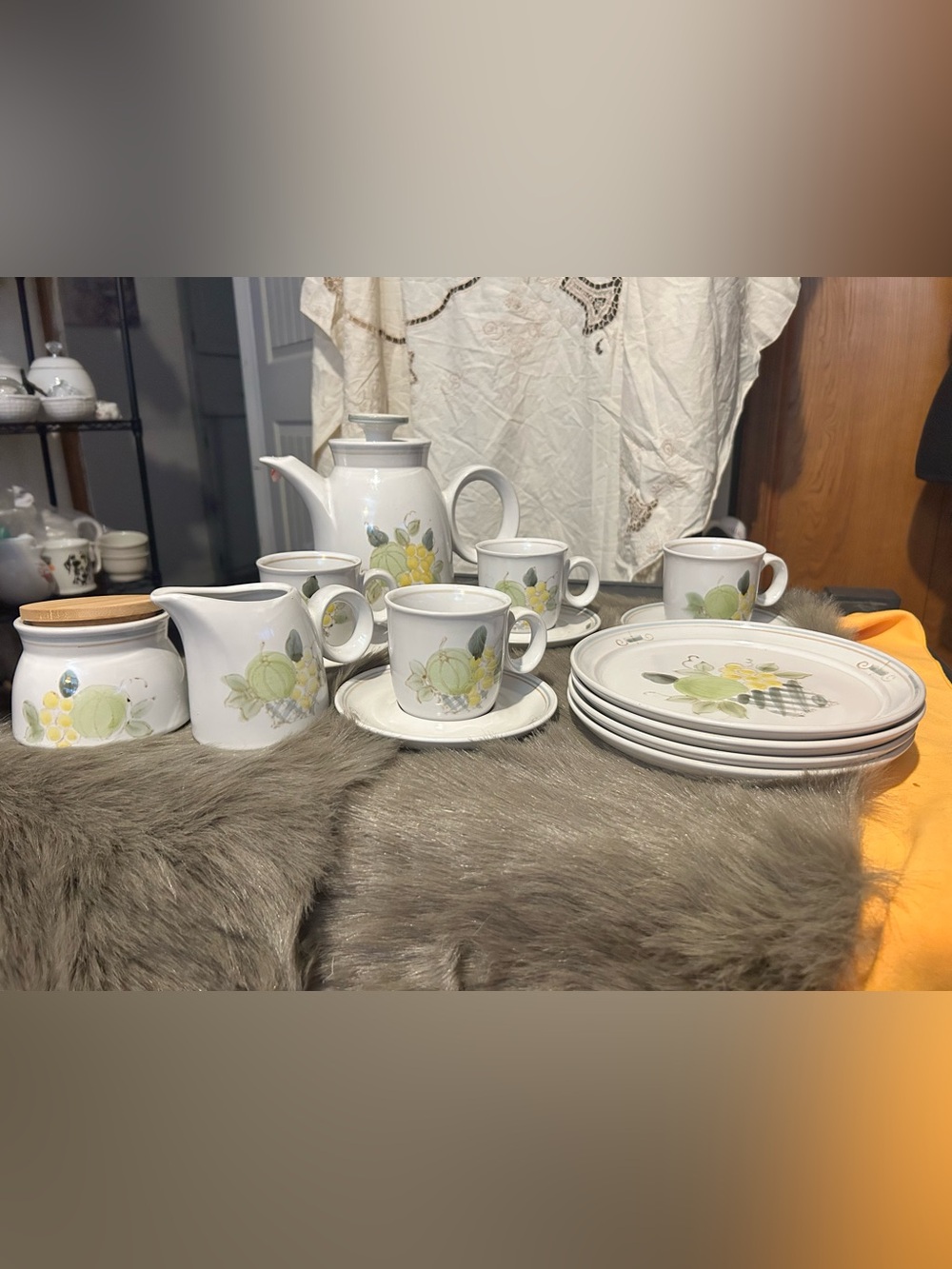 Noritake Stoneware 8573 PLENTY tea pot, cream sugar, desert plates cups saucers